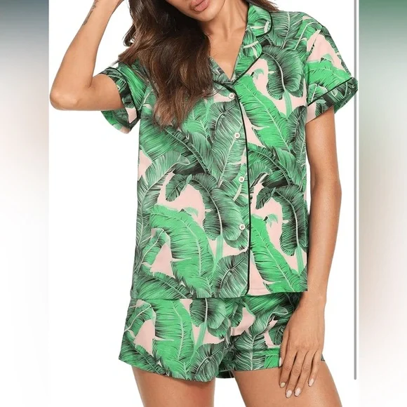 NWT! Floerns Women's Notch Collar Green/Pink Palm Print 2-Piece PJ Set, Size Sm - Picture 4 of 8